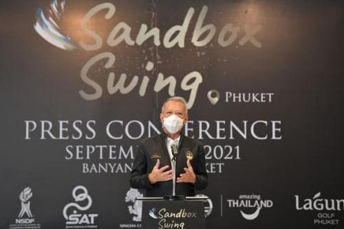 รมว.ท่องเที่ยวและกีฬา ประธานพิธีแถลงข่าวการจัดการแข่งขันกีฬากอล์ฟอาชีพ รายการ Thailand PGA Tour และรายการ All Thailand Golf Tour ภายใต้โครงการแซนด์บ็อกซ์ สวิง (Sandbox Swing)