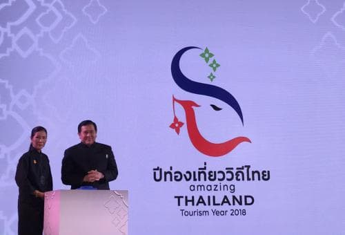 พลเอก ธนะศักดิ์ ปฏิมาประกร รองนายกรัฐมนตรี และรมว.ท่องเที่ยวและกีฬา พร้อมด้วยผู้แทนหน่วยงานภาครัฐ และเอกชน ทำพิธีเปิดตัว โลโก้ ใหม่ "ปีท่องเที่ยววิถีไทย เก๋ไก๋ อย่างยั่งยืน" 